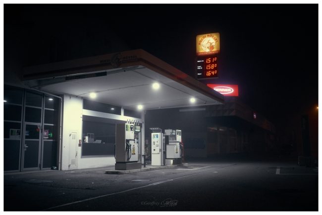 Petrol station in fog